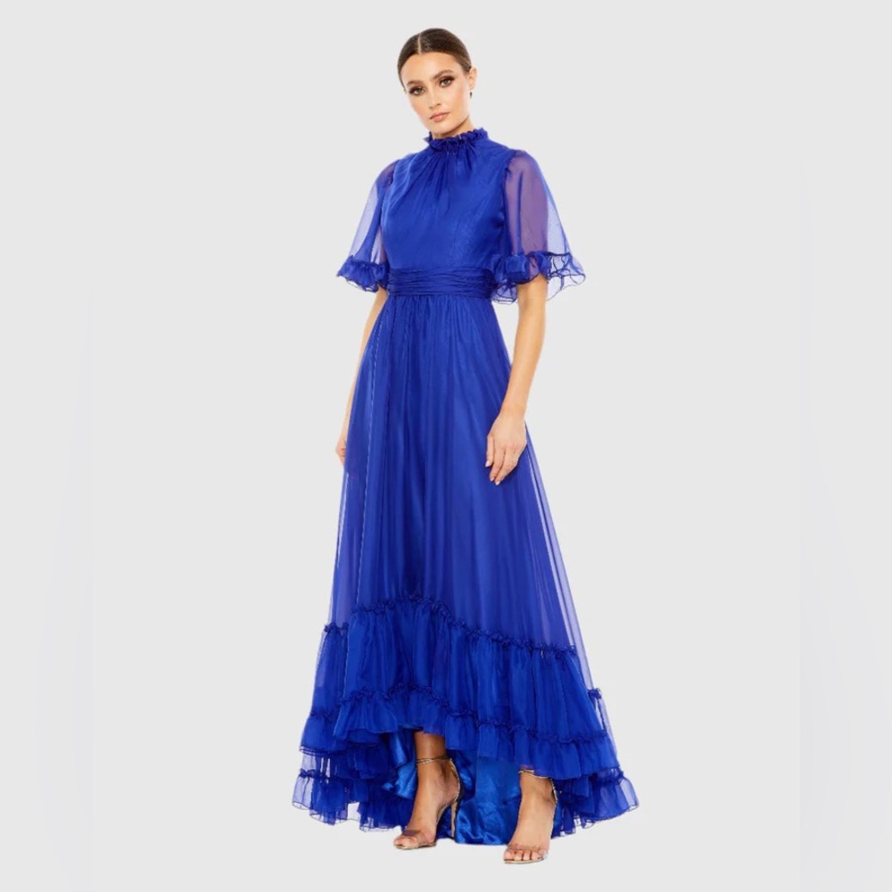 MAC DUGGAL Ruffled High Neck Flutter Sleeve High Low Hem Gown